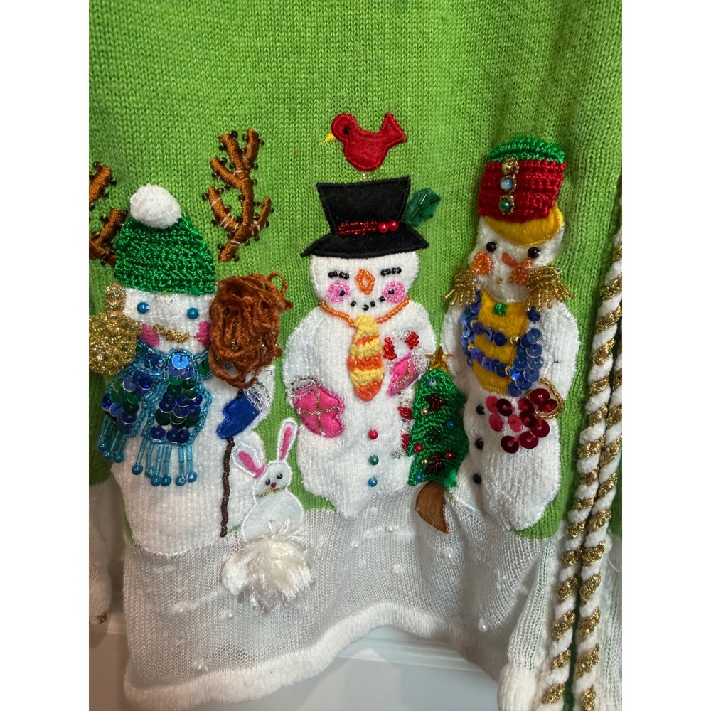 Berek Womens Green Snowman Embellished Zip Up Holiday Christmas Sweater Medium - Picture 4 of 8